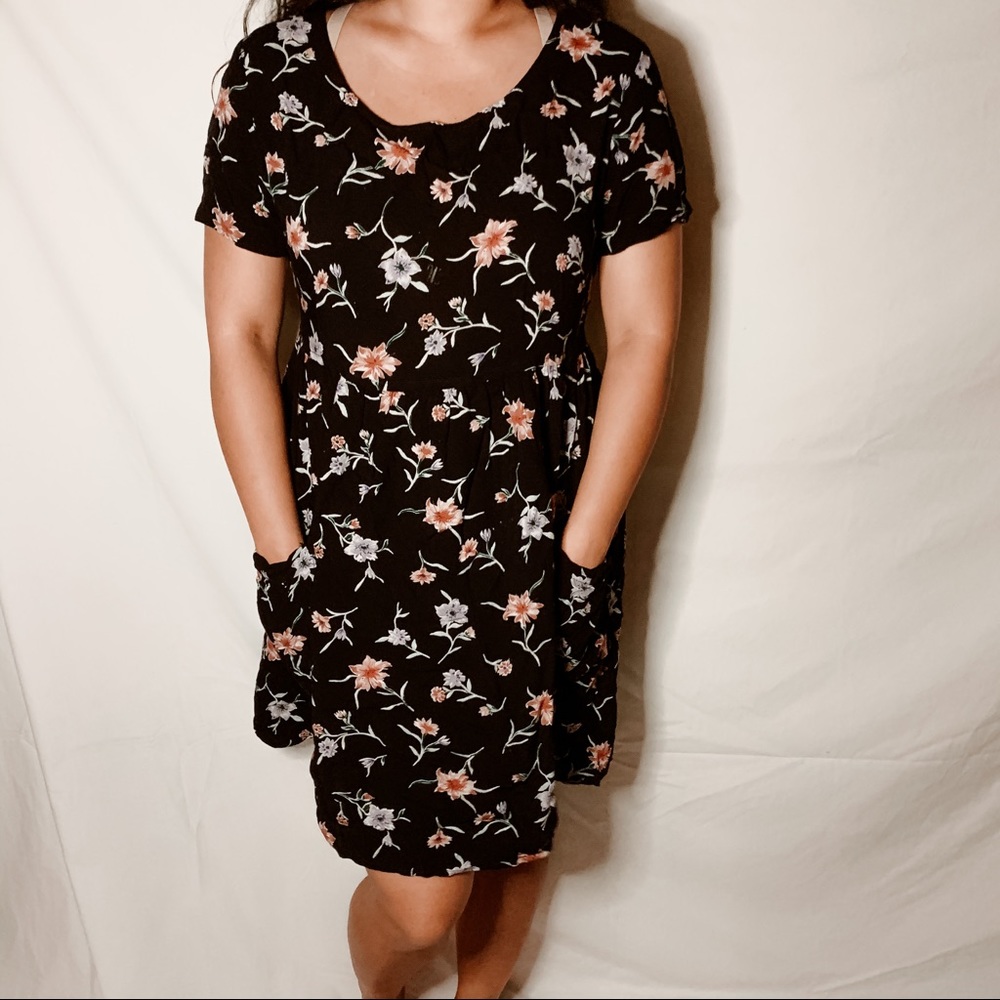 Vintage Black Floral Sundress with Tie Back